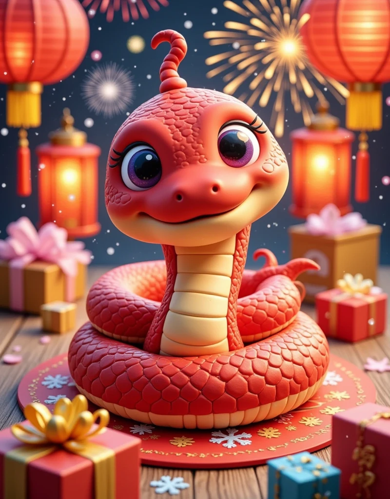 masterpiece，（Boutique），Very detailed， looks super detailed ，Anthropomorphism，q version snake ，Big eyes， cute shape ， surrounded by special Chinese New Year gifts，New Year Elements ，The Chinese Year of the Snake ，Red Snake，fireworks，lantern，couplet，snowflake，Chibi，Cartoon，Tempera，illustration，Clay，High contrast tones，Vivid colors，Complementary colors，Warm colors