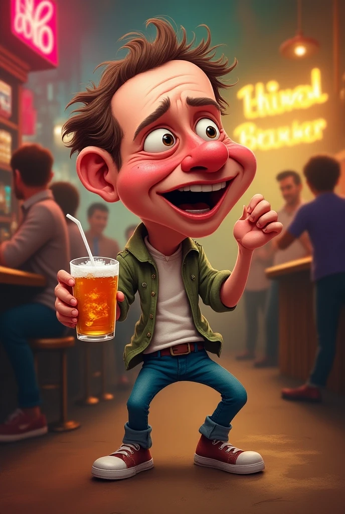 Create a drawing of your Madruga do Chaves smoking and with a bottle of beer in his hand, happy and cross-eyed