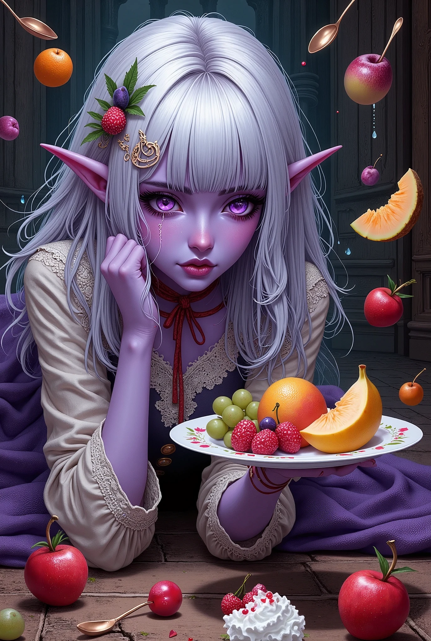 (Ultra-detailed face, Looking away, Fantasy Illustration with Gothic, rich tone colors.), BREAK 
(This is a fantasy world where magic exists in the style of medieval Eastern Europe. A female dark elf adventurer has fallen in her inn room and lies face down on the floor on her stomach. She throws the gorgeous plate hand in the air with her hand. She has a very sad expression on her face as she opens her mouth and utters the words, “Oh my God. They are looking at them with tears streaming down their faces.), BREAK 
(The gorgeous plate floating in the air and the fruits and puddings flying in pieces in the air. Cut fruits are melons, oranges, pineapples, apples, large grapes, figs, durians, bananas, mangoes, whipped cream, syrup, water drops, cherries, and spoons flying in the air.), BREAK 
(The dark elf woman adventurer wears a hair clip with a scorpion motif and a lemon-colored ribbon tie. She is wearing a young grass-colored lace blouse, a tunic with large beige wooden buttons, and a brown knee-length skirt embroidered with a cosmos flower pattern in silver thread. She wears red laced sandals with red laces with soft leather folds.), BREAK 
(A young-aged dark elf woman with pure white hair and eyebrows, blunt bangs, medium length straight hair, small pink lips, dark-purple color skin, lavender pupils, Draw thick, dark eyeliner around the eyes.)