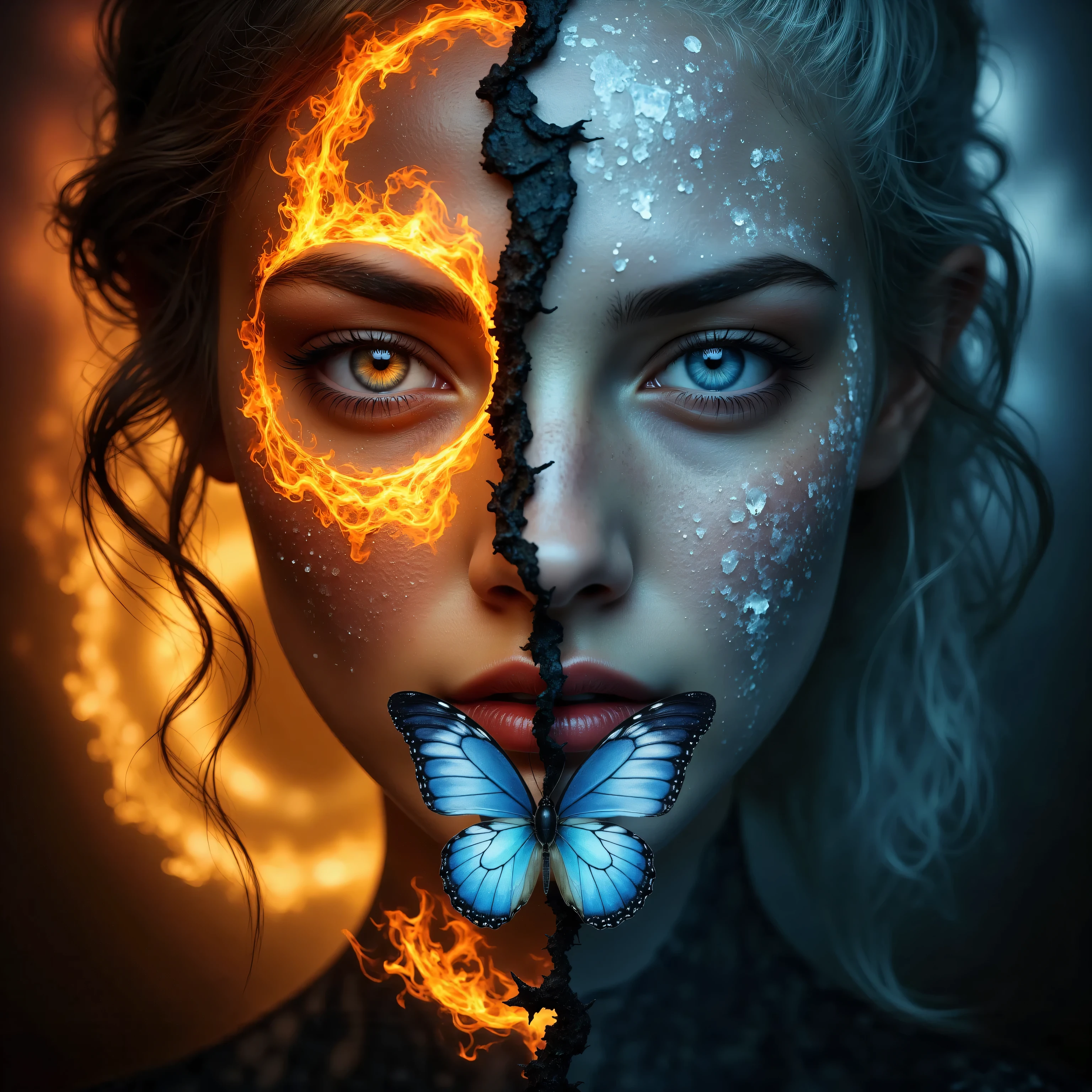 ultra-detailed masterpiece in 16K resolution captures a powerful contrast between two twin figures, their faces inches apart, facing each other with intense focus. One embodies fire, with glowing orange and red flames swirling across her skin, her fiery eyes blazing. Her hair flickers like embers, and her cracked skin suggests molten lava beneath the surface. The air around her shimmers with heat, casting a fiery glow.
Opposite her, the other twin embodies ice, her frost-covered skin pale and bluish, radiating a biting cold. Her left eye glows with a frozen blue light, and icy breath mists from her lips. Her hair is white and stiff with frost, while delicate ice crystals form on her face. The cold aura around her intensifies the chilling atmosphere.
In the center, a butterfly hovers, its wings split between fire and ice. One half glows with fiery reds and oranges, while the other is covered in frost, shimmering with a cold blue light. The butterfly serves as a symbolic bridge between the twins, caught between their clashing elemental forces.
The composition places the butterfly at the heart of the image, surrounded by the fiery glow and icy frost of the twins. The cinematic still shot captures the tension between fire and ice, as the twins' glowing eyes reflect their inner struggle. This ultra-high-definition image captures every detail, from the flames licking the fire twin’s skin to the frost forming on the ice twin’s face, creating a striking visual of opposing forces in delicate balance.