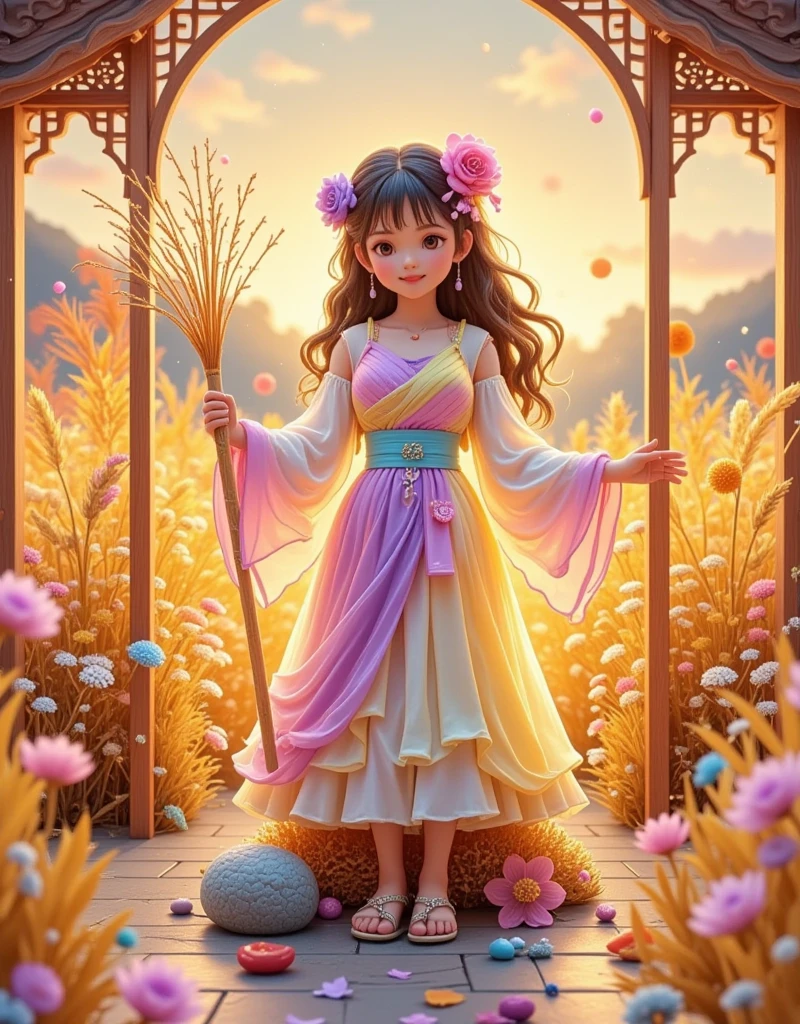 [Vision:1.0]，[Wide Angle:1.0]，Cartoon，Wheat Field，scarecrow，autumn，Colored pencils，Brushstrokes，clean，Ethereal，White，Light and Shadow，Fresh and natural，fairy tale，Rich colors，Abstract composition，Fantasy atmosphere，Dreamy emotions，3d, C4D rendering, 8k, super high detail, Bright colors，Bright，RGB, Colorful)，(High contrast:1.5)，(whole body:1.8), Magazine Photography， Popular on social platforms ，((Dopamineism))，(((Dopamine color matching)))，Facing the screen，Dopamine color，High Saturation， High Contrast， High Definition ，8k，Dopamine，(in the style of Y2K)，Luo Erchun，Three-dimensional ancient style，Oriental Poetry and Painting