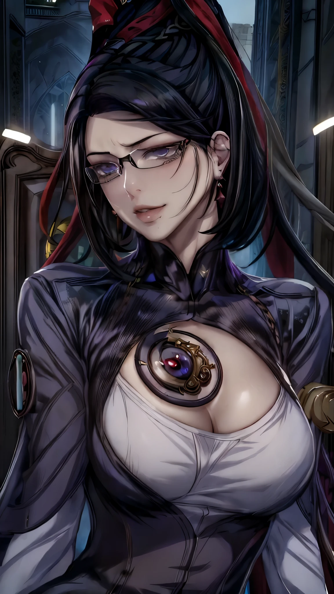 (masterpiece, best quality)
Bayonetta, 1girl, solo, long hair, looking at viewer, smile, short hair, blue eyes, ribbon, jewelry, purple eyes, hair ribbon, earrings, sky, black hair, glasses, cloud, lips, makeup, lipstick, portrait, eyeshadow, black-framed eyewear, alternate hair length, amulet
