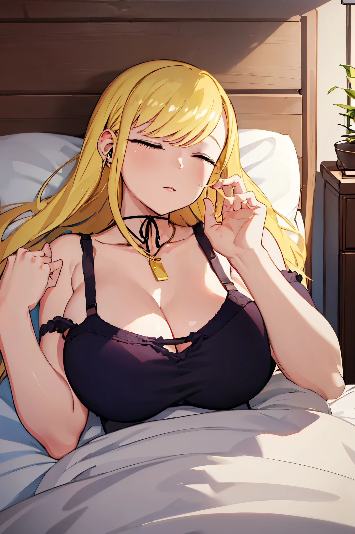 huge  , best quality, upperbody, (masterpiece:1.2), highly detailed, (((black bra))), hands up, 1girl,  (((sleeping))), sleep, closed eyes, lying arround bed, bedroom, , light smile, blonde eyes, long hair, indoor, room, perfect hands, perfect finger