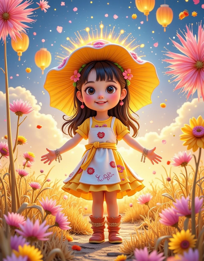 [Vision:1.0]，[Wide Angle:1.0]，Cartoon，Wheat Field，scarecrow，autumn，Colored pencils，Brushstrokes，clean，Ethereal，White，Light and Shadow，Fresh and natural，fairy tale，Rich colors，Abstract composition，Fantasy atmosphere，Dreamy emotions，3d, C4D rendering, 8k, super high detail, Bright colors，Bright，RGB, Colorful)，(High contrast:1.5)，(whole body:1.8), Magazine Photography， Popular on social platforms ，((Dopamineism))，(((Dopamine color matching)))，Facing the screen，Dopamine color，High Saturation， High Contrast， High Definition ，8k，Dopamine，(in the style of Y2K)，Luo Erchun，Three-dimensional ancient style，Oriental Poetry and Painting