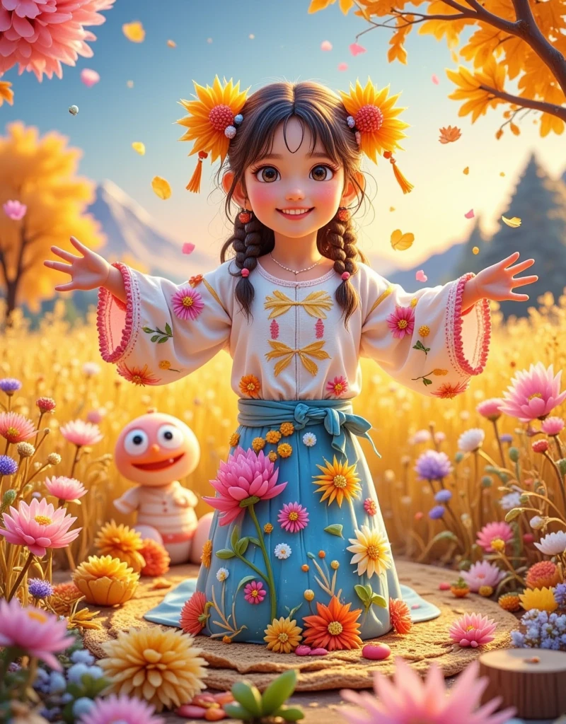 [Vision:1.0]，[Wide Angle:1.0]，Cartoon，Wheat Field，scarecrow，autumn，Colored pencils，Brushstrokes，clean，Ethereal，White，Light and Shadow，Fresh and natural，fairy tale，Rich colors，Abstract composition，Fantasy atmosphere，Dreamy emotions，3d, C4D rendering, 8k, super high detail, Bright colors，Bright，RGB, Colorful)，(High contrast:1.5)，(whole body:1.8), Magazine Photography， Popular on social platforms ，((Dopamineism))，(((Dopamine color matching)))，Facing the screen，Dopamine color，High Saturation， High Contrast， High Definition ，8k，Dopamine，(in the style of Y2K)，Luo Erchun，Three-dimensional ancient style，Oriental Poetry and Painting