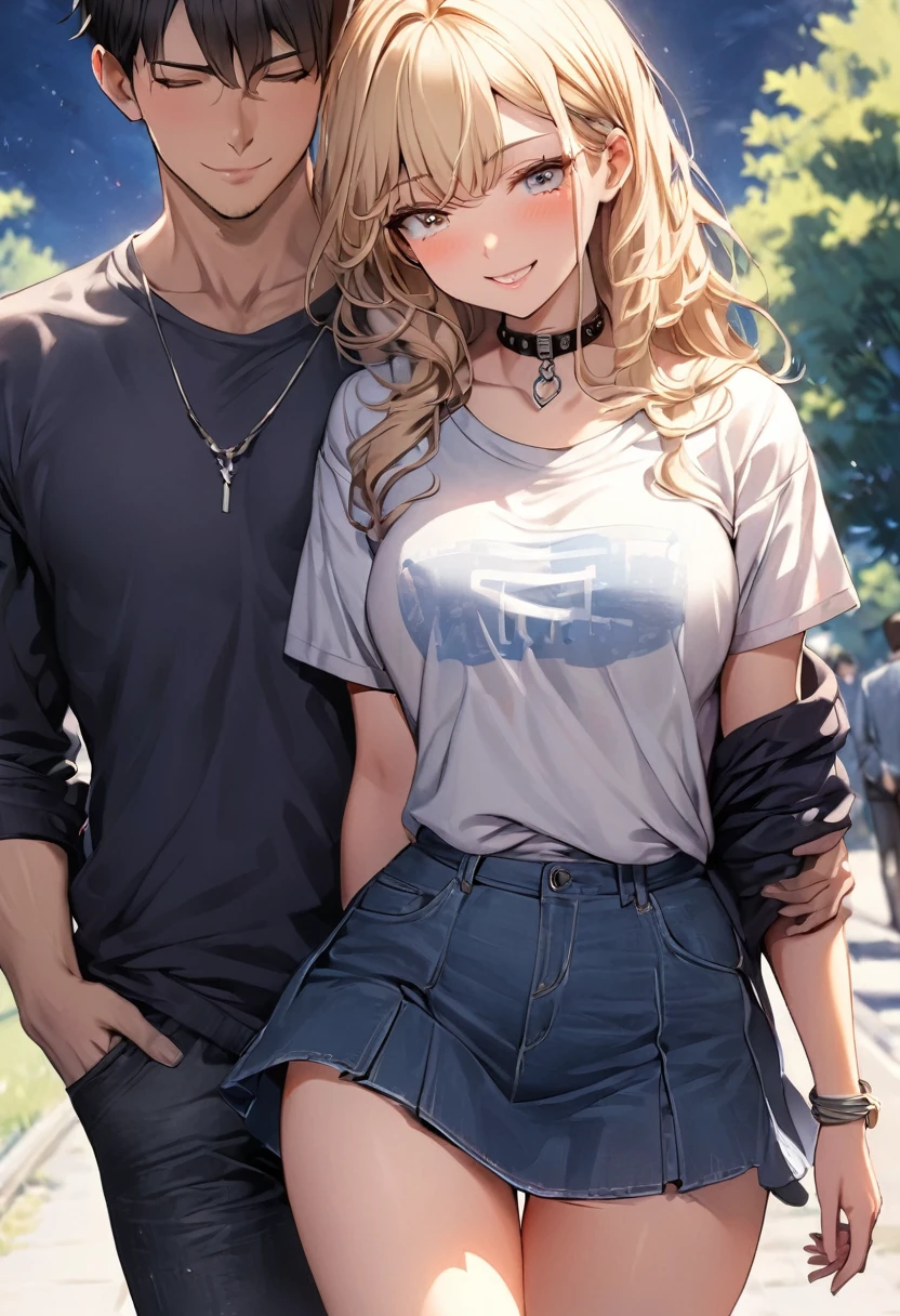 (masterpiece, sidelighting, finely detailed beautiful eyes: 1.2), masterpiece*portrait, realistic, 3d face, lustrous skin, 1girl, anastasia (idolmaster), grey hair, short hair, (black shirt:1.3), denim jacket, navel, short shorts, (1boy behind the girl, the boy grabbing breasts from behind:1.5), (girl showing double peace gesture:1.1), necklace,blue eyes, smile, blush, earrings, (street:1.2)