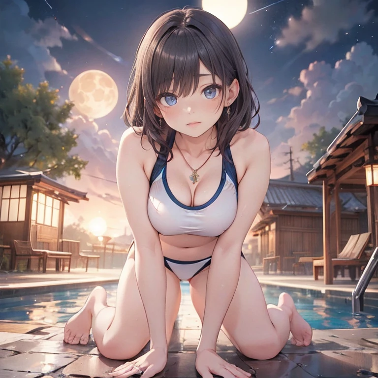 full body Waifu beautiful detailed eyes, beautiful detailed lips, extremely detailed eyes and face, longeyelashes, 1girl, sensual, young woman, sexy medium / large breasts, beautiful feminine face, nice sexy thighs, slim, sexy, erotic, nsfw:1.4, body has two arms, two legs and one head, (Each hand and toe has a thumb, index finger, middle finger, ring finger, and pinky finger.),Top quality:1.2, best quality:1.6, ultra high resolution, masterpiece:1.5 ,4K, 8K, 32K, detailed lighting, shaders, perfect anatomy, perfect proportions, highly detailed, ultra detailed, super detailed:1.2, perfect eyes, perfect face, very delicate and beautiful, illustration, sharp focus, very beautiful and detailed anime face, very detailed eyes, cute:1.4 score_9, score_8_superior, score_7_superior, A masterpiece in 32K resolution,Highest quality,it is really amazing,Very detailed,Ultra-high resolution,Ultra-realistic,Realistic,Increased depth of field,Cinematic lighting,
Sexy Japanese Adult Women, Gwen(benten),
black straight medium hair,Ultra-detailed and beautiful face,Gentle expression,Translucent white skin,Realistic skin texture,
Sexy two piece Swimwear, swimming pool,
Bold design,Artistic design,Beautiful and detailed pattern,Detailed fabric texture,
Gorgeous necklace,Earrings,
Coastline at night,Giant Moon,Dark clouds floating in the dark night sky,
High angle,