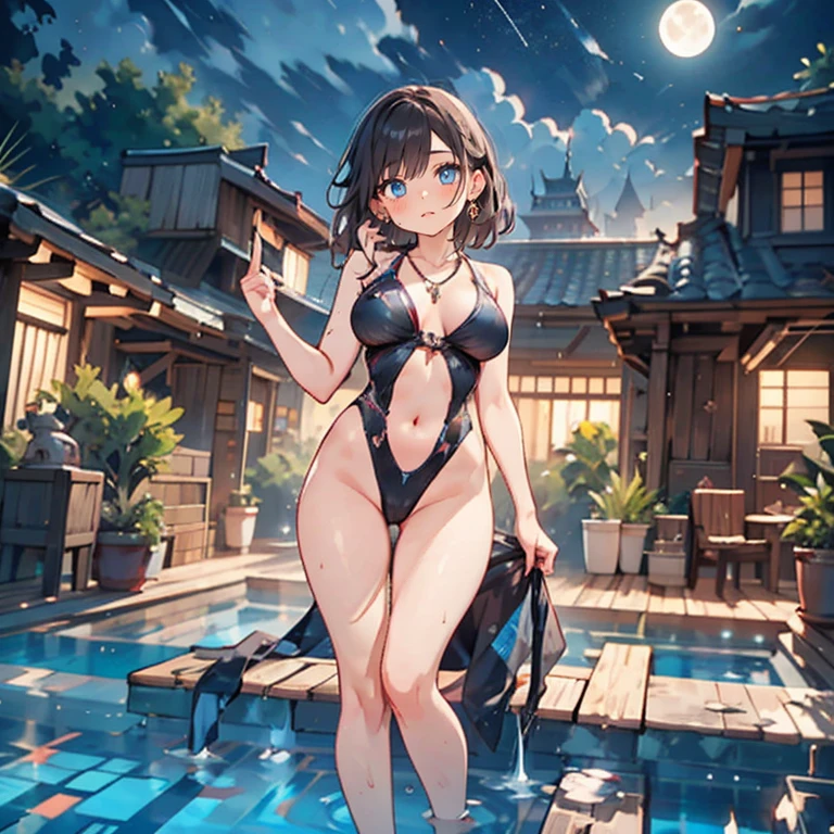 full body Waifu beautiful detailed eyes, beautiful detailed lips, extremely detailed eyes and face, longeyelashes, 1girl, sensual, young woman, sexy medium / large breasts, beautiful feminine face, nice sexy thighs, slim, sexy, erotic, nsfw:1.4, body has two arms, two legs and one head, (Each hand and toe has a thumb, index finger, middle finger, ring finger, and pinky finger.),Top quality:1.2, best quality:1.6, ultra high resolution, masterpiece:1.5 ,4K, 8K, 32K, detailed lighting, shaders, perfect anatomy, perfect proportions, highly detailed, ultra detailed, super detailed:1.2, perfect eyes, perfect face, very delicate and beautiful, illustration, sharp focus, very beautiful and detailed anime face, very detailed eyes, cute:1.4 score_9, score_8_superior, score_7_superior, A masterpiece in 32K resolution,Highest quality,it is really amazing,Very detailed,Ultra-high resolution,Ultra-realistic,Realistic,Increased depth of field,Cinematic lighting,
Sexy Japanese Adult Women, Gwen(benten),
black straight medium hair,Ultra-detailed and beautiful face,Gentle expression,Translucent white skin,Realistic skin texture,
Sexy two piece Swimwear, swimming pool,
Bold design,Artistic design,Beautiful and detailed pattern,Detailed fabric texture,
Gorgeous necklace,Earrings,
Coastline at night,Giant Moon,Dark clouds floating in the dark night sky,
High angle,