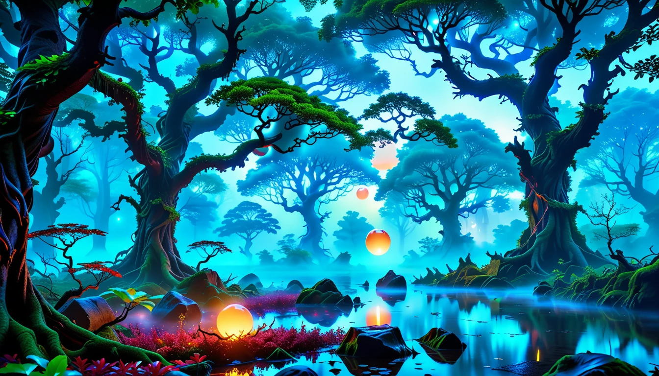 A Masterpiece In 32K Resolution, Supreme Quality, Super-Detailed, Official Art. A Mystical Forest Enveloped In Fog, Where Ancient Trees With Twisted Roots Create A Canopy Of Leaves. Glowing Orbs Hover In The Air, While A Hidden Glade Reveals A Sparkling Spring, Offering A Sense Of Tranquility And Wonder. A Mysterious Dragon Lurks Among The Trees, Its Eyes Glowing In The Shadows.