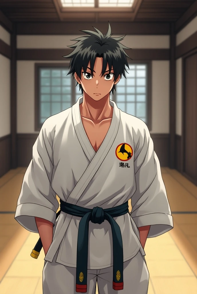 An anime-style man of about 21 years old wearing a Wado Kai-style karate kimono (The symbol of the style is a yellow pigeon on the kimono's chest it is small and is located on the right side of the chest) The man is in a dojo background he's kind of strong like a V-shaped physicist