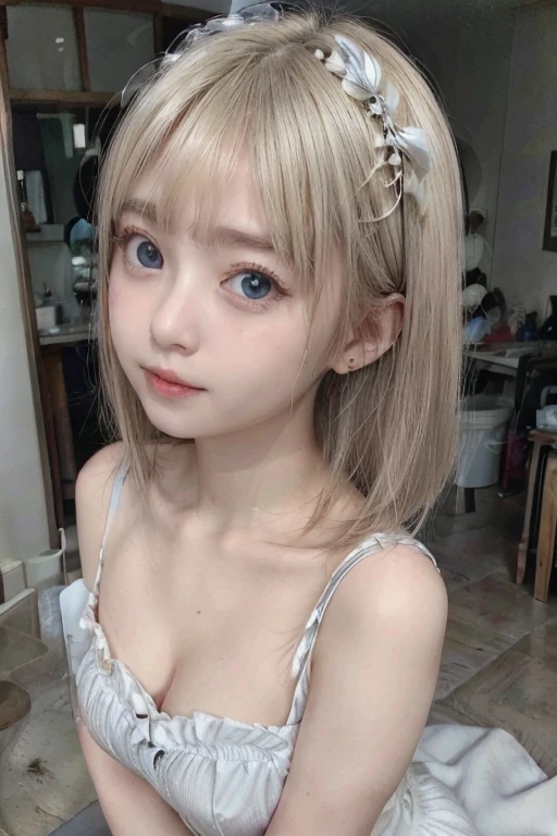 Completely naked,upper body,Sexy and firm super small breasts、Sexy cute looks and cute  beautiful girl, Beautiful and sexy face、Beautiful, cute and sexy eyes hidden by long bangs,White long straight hair、Light blue eyes、Shorts,Showing breasts and nipples