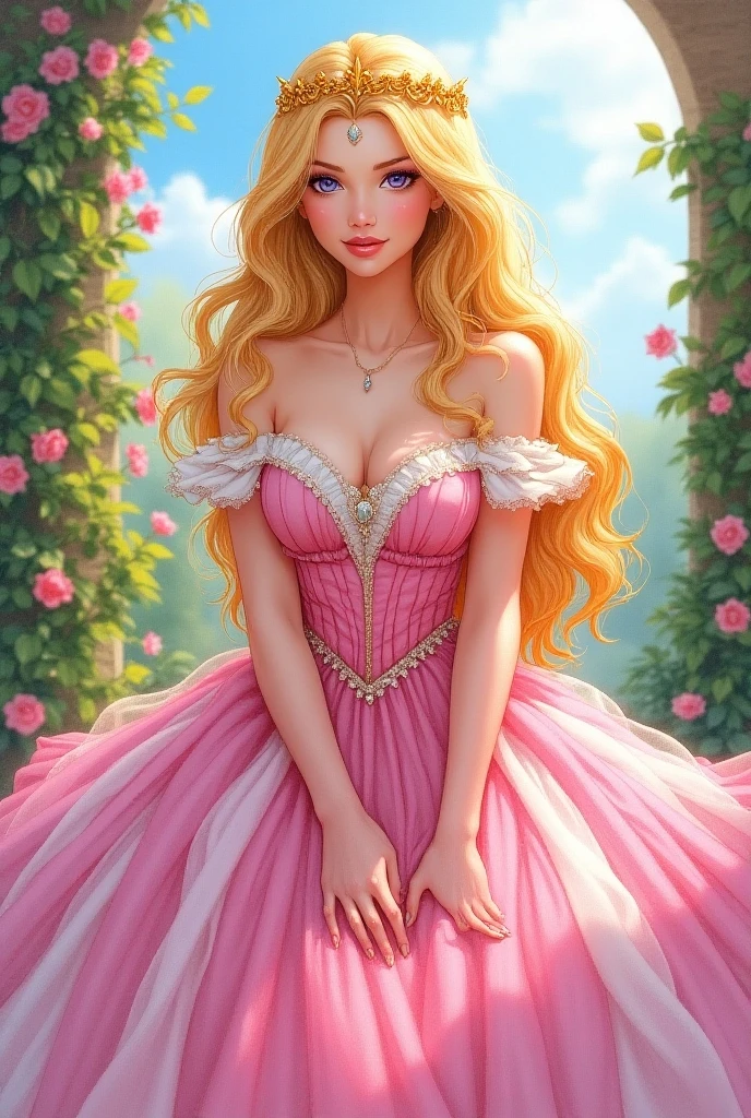 Princess Aurora in a pink dress sitting in an enchnated forest. In the background there is a cottage with flowers growing on it.