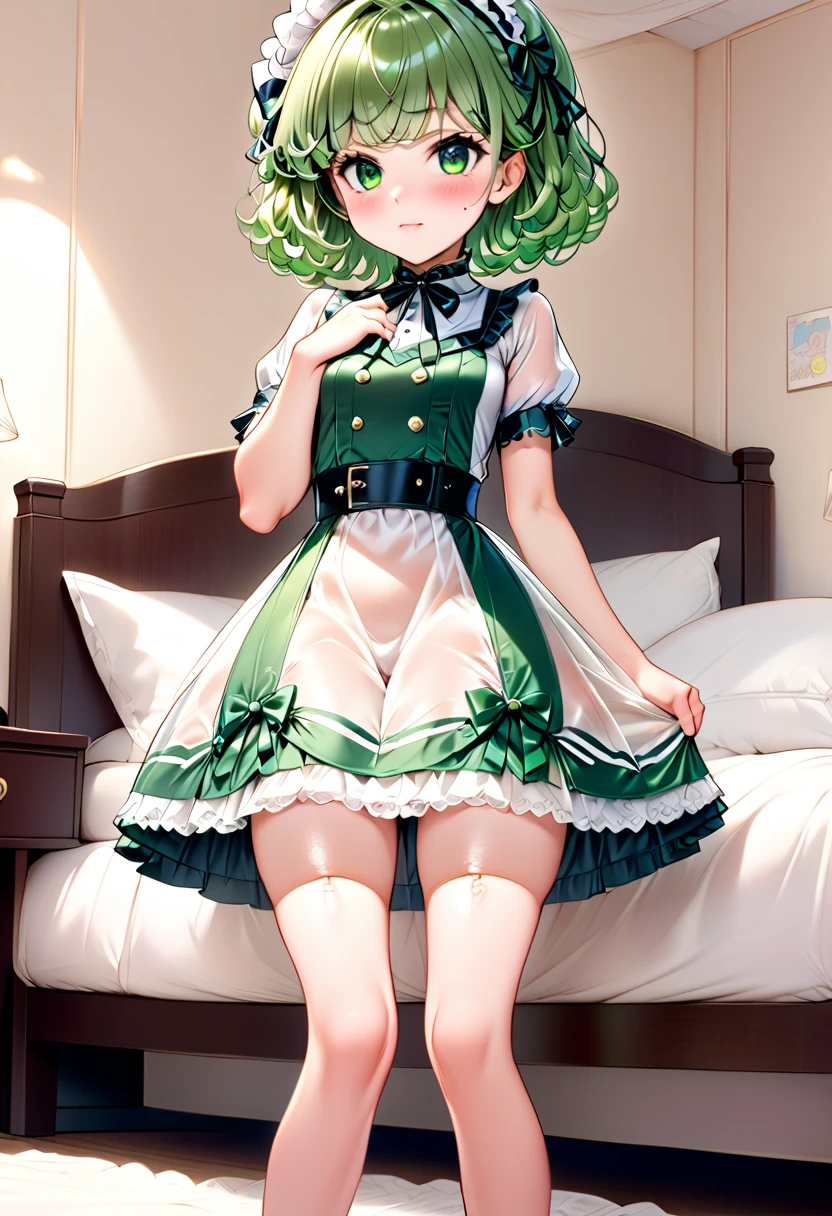 (very young girl, young, very low height, , low length, 80 cm, low length, small head), (Full body display down to the toes, Young face) , (Standing next to the bed, bed room, Fairytale-like room ), (A triumphant look, Frowning, こちらを Staring , An extraordinary smile with only the lips ,  Staring , small lips, cute face, very young face ), (beautiful detail), ( Very profuse sweating), Erotic, (Thin limbs, Small waist, Small Ass), Best Quality, Highest quality, (), (No makeup, Young face, Cute face, Green Eyes ), (No socks on), (cute face), (knees、Thighs、She spreads her legs and shows off her crotch), (Short limbs like a , , Very short stature, , , very young, Little person syndrome, Very young, ergarteners), Erect nipples, Young Tatsumaki, (Erotic tan lines, Tanned skin),  (wearing very sexy Sweet-Lolita fashion dress,  wearing white panties made of thin enough fabric to be seen through, The fabric is very thin 、 I'm wearing clothes that look transparent ,  I'm wearing clothes that look transparent {x} A skirt that is very short enough to make my panties fully visible,  I'm wearing transparent clothes 、Underwear and skin can be seen through ), Her breasts are super large, Tatsumaki, She flips up her skirt and shows off her panties