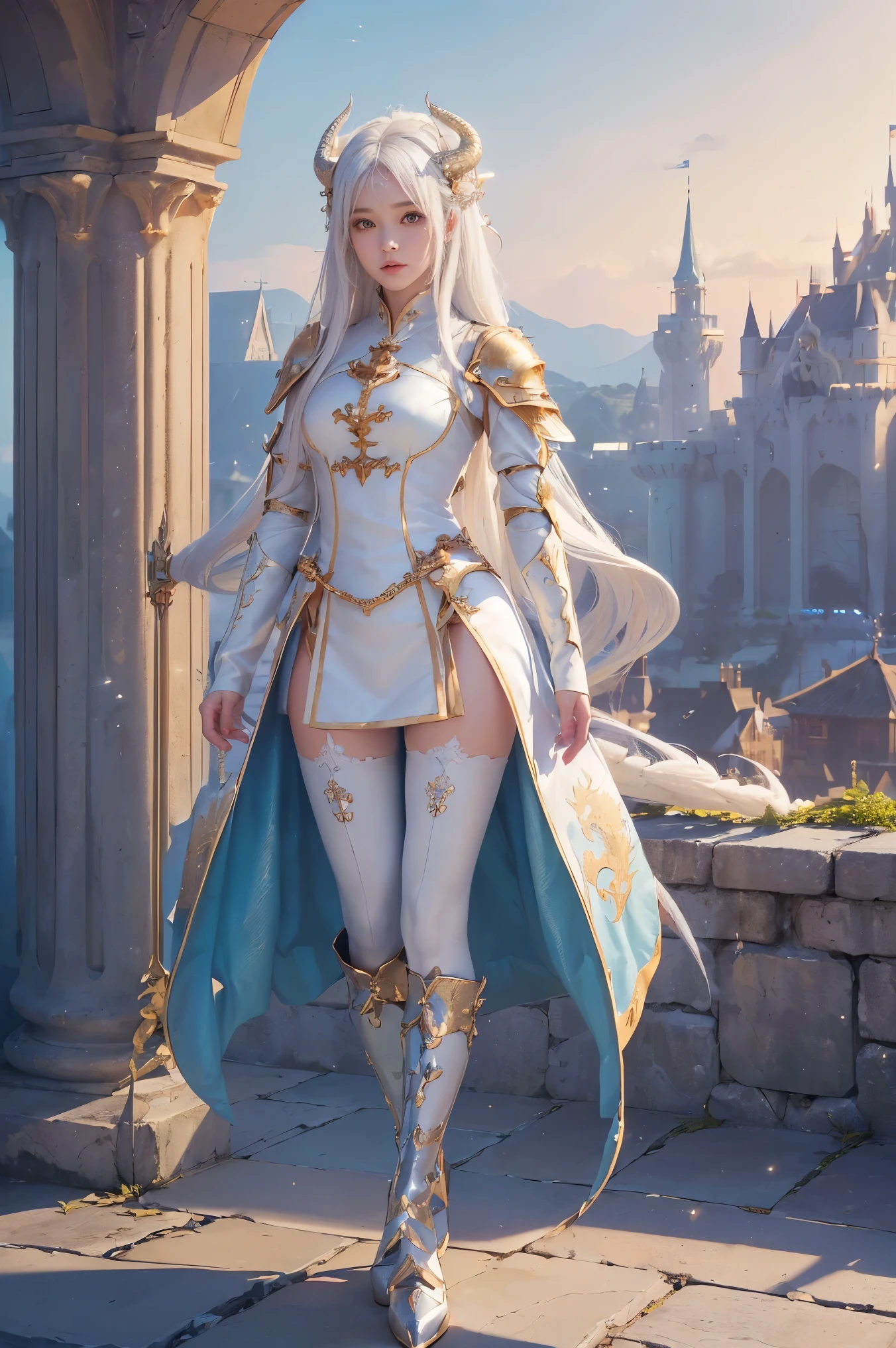 (Absurdly,high quality ,  very detailed,32K、High image quality、Ultra HD、Golden ratio face、One woman、View the photographer)、(((White silky hair with dragon horns growing from her head)))、(((White Dragon Knight、Dragon Feather)))、(((Dragon scale pantyhose and boots)))、(((Beautiful detailed and colorful dragon paladin outfit、prick々New costume)))、(((Perfect limbs)))、(masterpiece, 最high quality, 最high quality, Official Art, Beauty and aesthetics: 1.2)、(((Standing posture、soft light、Sparkling、Castle Background))