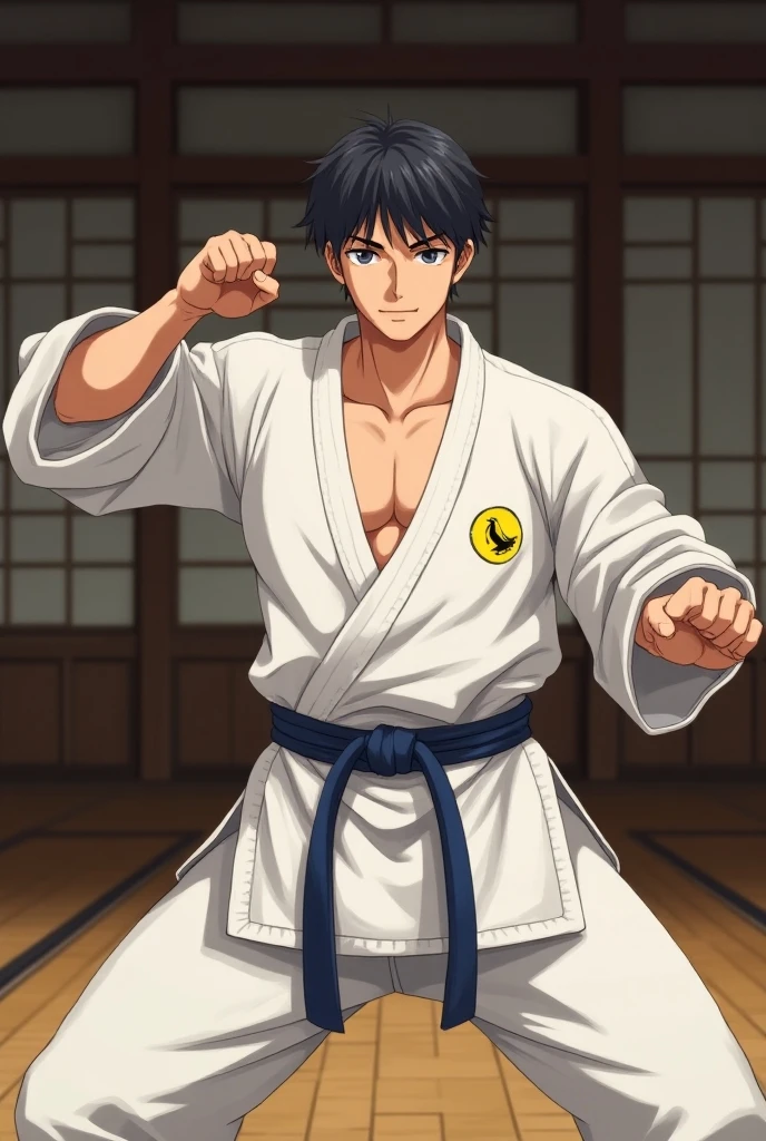 An anime-style man of about 21 years old wearing a Wado Kai-style karate kimono (The symbol of the style is a yellow pigeon on the kimono's chest it is small and is located on the right side of the chest) The man is in a dojo background he's kind of strong like a V-shaped physicist he's just a bit realistic