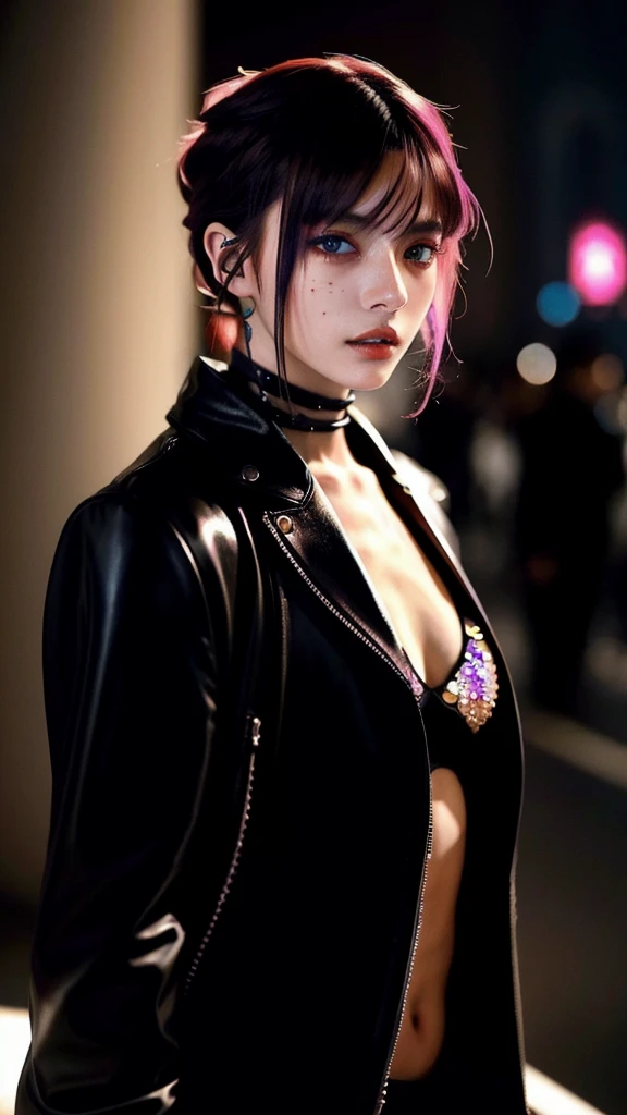 1 woman, she is japonese, inside a city at night, wearing a low-cut lilac dress and leather jacket over it, female red eyes, detailed fair skin, large breasts, ear studs, long red hair in a choppy style, shaved red gothic hair, dramatic lighting, cinematic composition, wearing glasses, dark palette, dark colors, atmospheric haze, thin chin, soft face, serious face, beautiful woman, adult woman, ultra realistic, adult woman (best quality, 4K, 8K, high resolution, art: 1.2), ultra detailed (realistic, photorealistic, photorealistic: 1.37)