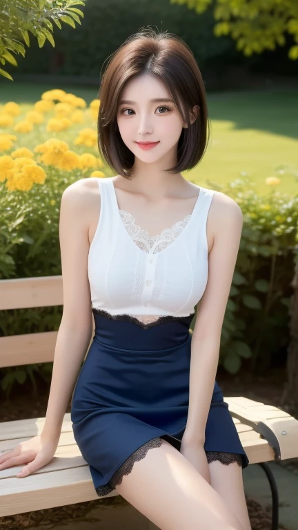 (Best Quality:1.5), (Genuine:1.5), (1 person:1.5), ( very detailed), ( High Resolution ), 8k, Small breasts,  natural colored lips when you take them off,  cute smile , Japanese women, 20-year-old girl, (Perfect and beautiful face), (Big Eyes), (Beautiful and cute face), (Beautiful and balanced eyes), Beautiful double eyelids, Perfect and beautiful face, Thin, arched eyebrows, Slim face, (Slender body), Beautiful thin nose, Beautiful Skin, (Medium Bob Hair), Naturally beautiful forehead, White skin, (With a cute expression), (Bright lighting), Front lighting, (Facial lighting), Dark blue eyes, Slim waistline, (mini skirt),  Slim and beautiful legs , garden, (With lace) (wearing a one-piece dress with a micro mini skirt), Beautiful and slim thighs, (Sit on a bench), (yellow marguerite garden), (Margaret flower bed),