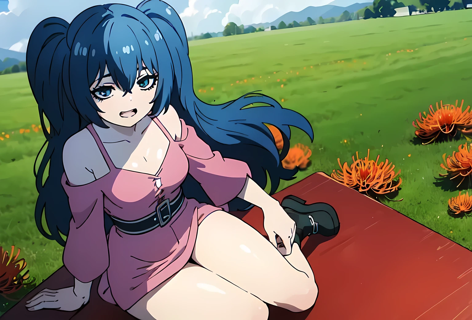 (masterpiece), best quality, expressive eyes, perfect face, 1girl, (yonebayashi_saiko), wig tails, long hair, happy face, (lying on side), thick thighs, bare feets, full body, sit, wide focus, flowers, field, red (spider lily):2, (full landscape), perfect lightning