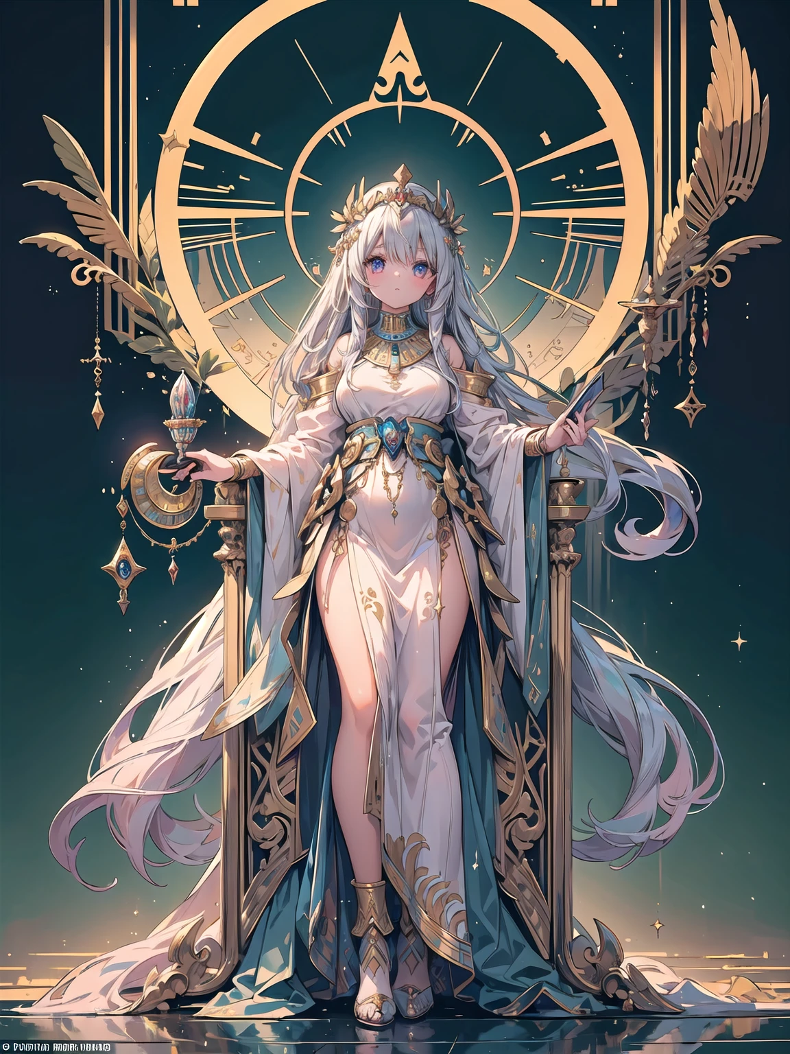 ((best quality)), ((masterpiece)), (detailed), 1girl, Character design, scholarly female, scholar, female scholar, educator, teacher, fortune teller, palm reader, astrology, astrological symbolism, star reading, celestrial theme, heavens, heavens above, constellations, dynamic poses, long white grey hair, grey white eyes, very skinny, detailed, best quality, no accesoires around the neck, no shoes, prominent collarbones, skinny arms, flat stomach, visible hip bones, full body, blank white background, plain background, white background, red and white clothing, Bloodborne inspired, occult aesthetic, occult, detailed and intricate steampunk and detailed gothic, NSFW, Fluttering lace flared long knee length dress with frilly petticoats, knee length dress, pleated petticoats, petticoats gothic, complex lace boots, gothic aesthetic, wielding a mighty sword with mechanical components, mandalas, small breasts, a fairy, various different types of insect wings, beetle wings, NSFW, full body, whole body, body, chains,