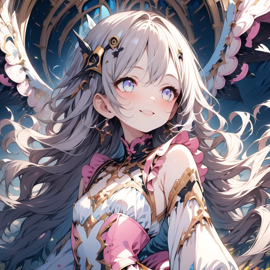 Absurd,anime,Detailed and beautiful eyes,(art),(artistic clothing:1.5),angel,gray hair,smile,(a girl:1.5),from the waist up,(small breasts:1.2),(small chest:1.2),mysterious,fallen Angel,Hello,(Large detailed hair ornament:1.2),(look away:1.5),detailed clothes,Flashy Moves,Mechanical,masterpiece, moe kawaii,abyss,luster,lame,(ultra detailed:1.2), ((highest quality)) ,Extremely Delicately Beautiful ,64k