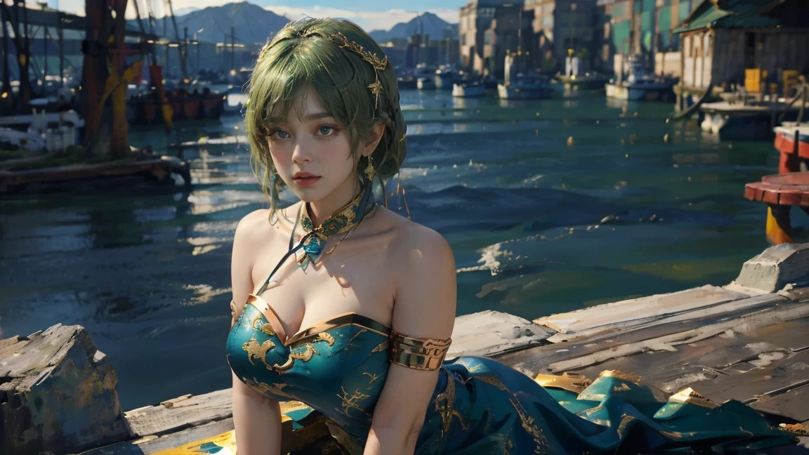 (The huge harbor in the background:1.5)，Oil painting style,The girl is on the other side,,Gold headdress，(green medium hair:1.2)，Late Night,(Blue cheongsam:1.2),(Metal:1.2),(Fat Face:1.2),(Upper body:1.),(Blue armlet:1.1),Crimson lips,With bangs