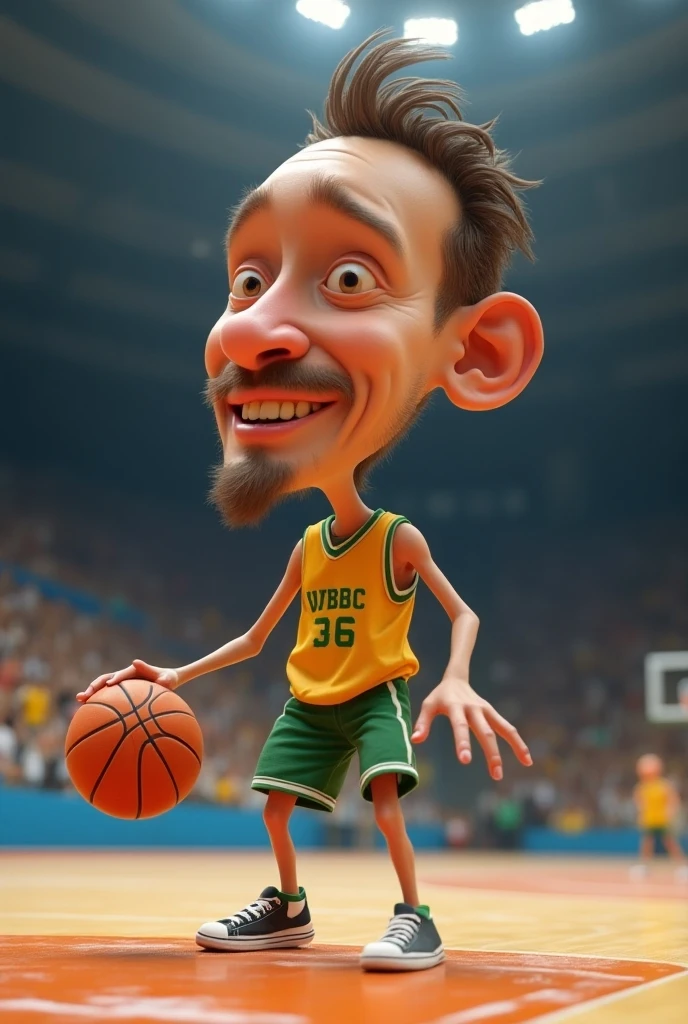 a man with slightly small head, big eyes, cheerful face, wearing a boston celtics basketball jersey that is green with a white outline and says boston on the front. The man is bald and has a beard.
