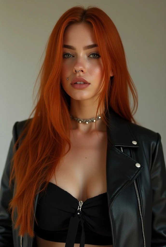 a photo of a seductive woman with loose styled (redhead hair:1.1), bored, she is wearing a hoodie and black leather jacket and leggings, mascara, (textured skin, skin pores:1.1), (moles:0.8), imperfect skin, goosebumps, flawless face, (light freckles:0.9), (sun-kissed:1.1), ((photorealistic):1.1), (raw, 8k:1.3), cleavage
