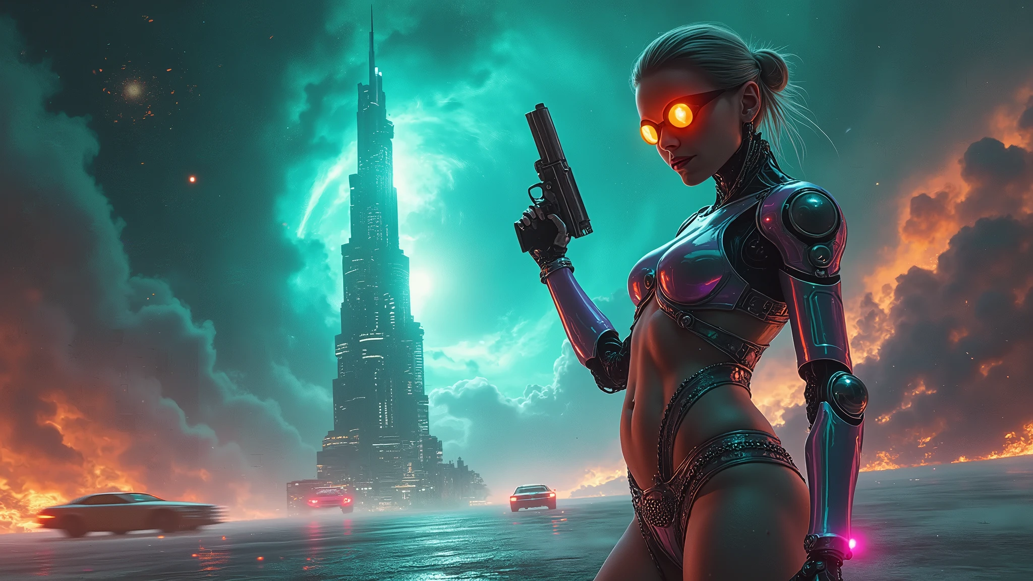(((a medium-breast bikini slim GIRL with black micro sunglasses))), (((aiming at viewer with a pistol))), a balcony of a futuristic building, aerial view of an ultra-futuristic megalopolis, many metal buildings and houses in dark colors from dark blue to black, a cidade tem tons de cinza metal, has smoky metal structures , industrial environment with smoke and fog around, carros escuros nas ruas, desert megalopolis, trilhos e trens modernos de de metal passando estre as ruas da cidade, tall futuristic metal buildings, many ultra modern buildings around, (((glass lion statue))), realistic, detailed, sci-fi.
