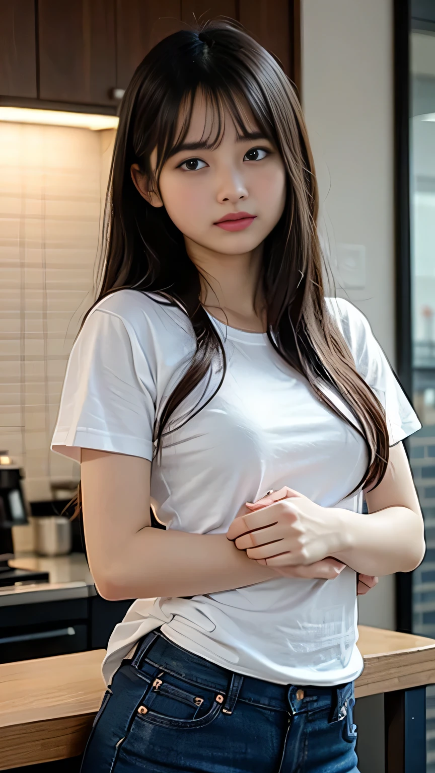 (yinchuan:1.5), close-up, masterpiece, best quality, raw photo, photorealistic, F cup, big, beautiful face, soft smile, 20 year old girl, cute, white t-shirt, mini tight skirt, beautiful long legs, standing figure, middle hair depth of field, high resolution, ultra detail, fine detail, very detailed, highly detailed eyes and face, sharp pupils, realistic pupils,