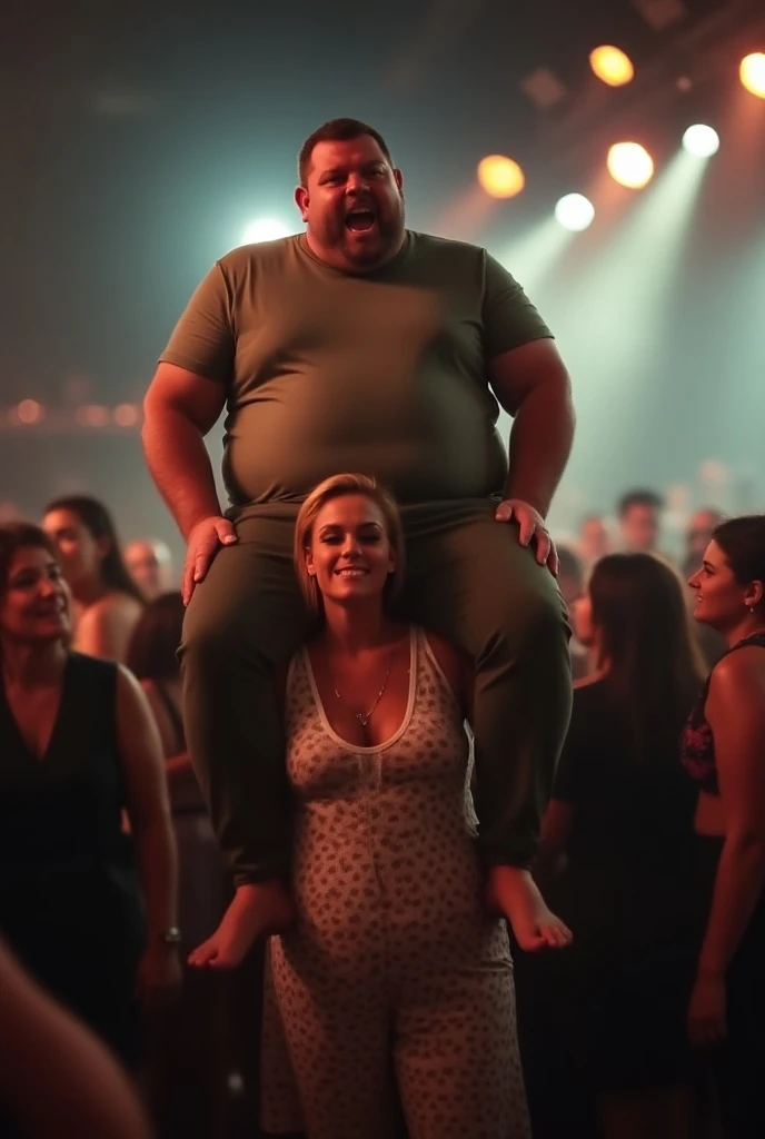 The dominant, sexy woman, with a physique sculpted like a goddess, stands triumphantly over her boyfriend, who is slumped in a chair, utterly weakened and on the brink of a food-induced coma. Her face beams with joy, her laughter echoing through the room as she revels in her control. Her fingers knead the soft, bloated rolls of his fat with a mixture of delight and satisfaction. His once-handsome features are now twisted in sadness, tears streaming down his cheeks as he sobs helplessly. His enormous, soft belly spills over his lap, a visible mark of his torment. The room is a chaotic mess of fast food wrappers and discarded takeout containers, evidence of the relentless forced feeding. His clothes are stained with greasy sauces and food remnants, remnants of her cruel feast. Amidst the clutter, a framed photo on the wall captures a moment from when they first started dating. In the photo, the man, once muscular and fit, stands confidently beside the woman, who was less dominant in appearance at that time. This image serves as a stark reminder of how their dynamic has shifted. The lighting in the room casts harsh shadows, accentuating the dramatic contrast between her elation and his despair, as well as the stark disparity in their physical forms and emotional states.