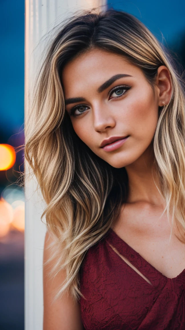 a beautiful blonde woman with long hair, ?????, wearing sunglasses, standing on a large city street at night under neon lights, blurred background, bokeh, photorealistic, (best quality,4k,8k,highres,masterpiece:1.2),ultra-detailed,(realistic,photorealistic,photo-realistic:1.37),cinematic lighting,dramatic atmosphere,vivid colors,intricate details