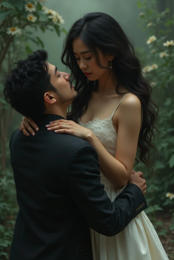 (((man and woman having sex in various position))) (1 gorgeous malay girl wearing thongs and arm sleeve, topless, wearing plain hijab, she is hugging 1 handsome man 40 years old with slick back hair, he is shirtless and wear panties) ((he is having sex with her)), dynamic pose, ultra realistic, masterpiece, maximum quality, detailed skin texture, skin pores, film grain, eyes closed, skin marks, moles, highly detailed skin, fantasy flower garden, (flowers blooming densely in background), lisianthus, pale pink and light azure color grading, surreal and dreamy environment, ethereal foliage, high contrast, ink strokes, over exposure, abstract, (watercolor painting by John Berkey and Jeremy Mann, brush strokes), flower petals and leaves flying blown by wind, film grain, film noise, cinematic composition ((KAMASUTRA))