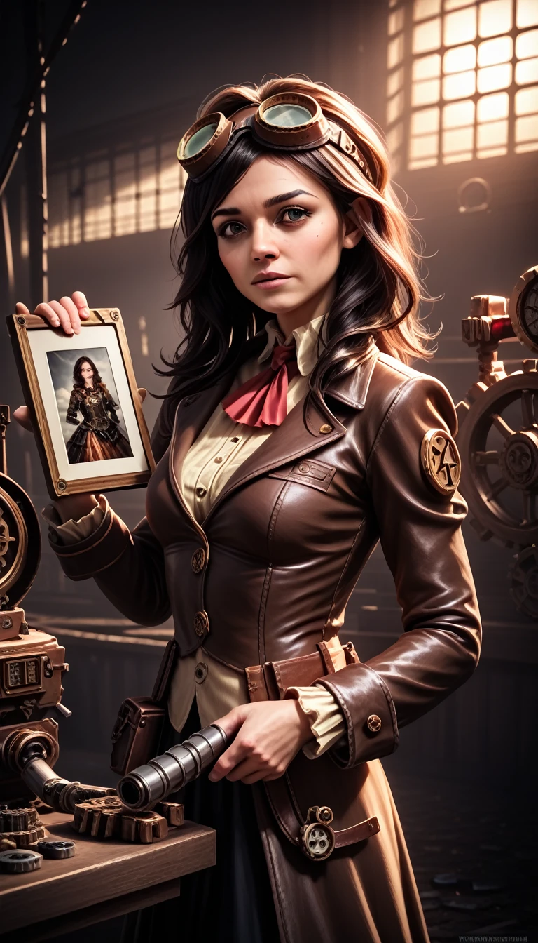 A beautiful steampunk-inspired goblin girl, a skilled engineer wearing a sexy fantasy outfit, goggles, and holding various tools, (best quality,4k,8k,highres,masterpiece:1.2),ultra-detailed,(realistic,photorealistic,photo-realistic:1.37),intricate steampunk design,detailed facial features,cinematic lighting,vibrant colors,dramatic shadows,gears and mechanical elements,industrial background,fantastical and whimsical atmosphere