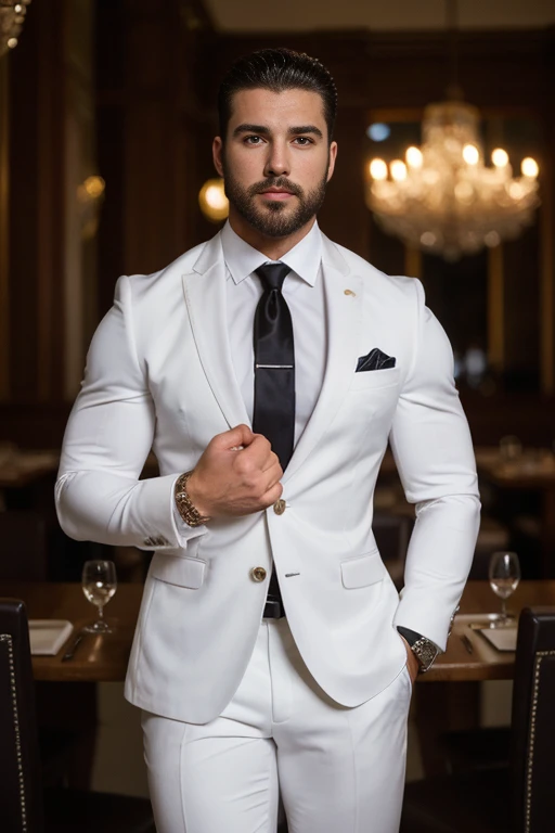 c0rset, photo of a handsome (Hungarian man), wearing white corset vest, (black shirt), (white pants), foyer, outdoors, (beard:1.3), realistic, masterpiece, intricate details, detailed background, depth of field,  <lora:Bighunkmale:0.11>