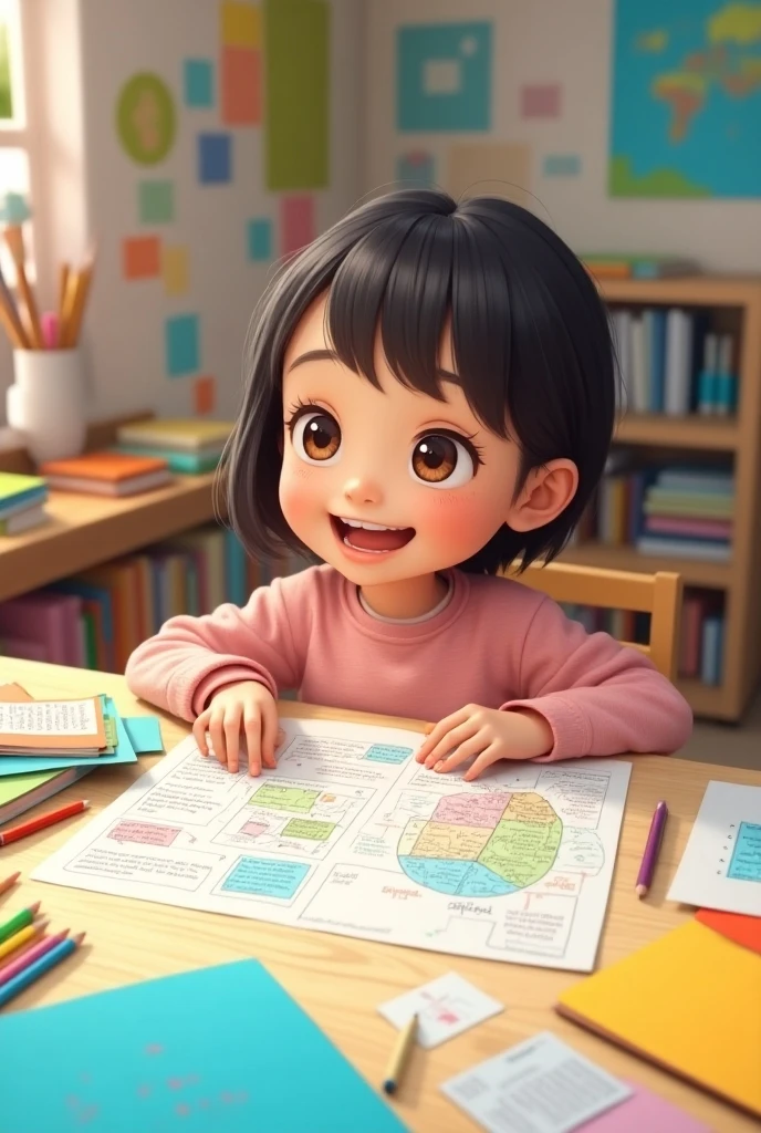 Child studying with a happy face.