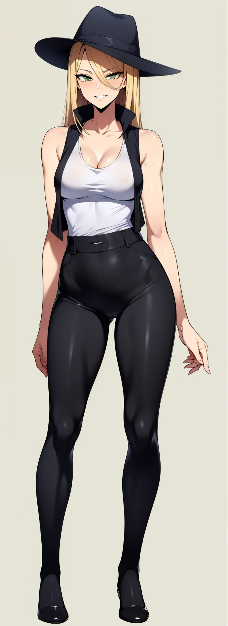 (masterpiece),(ultra-detailed), (high quality), (high resolution), (best quality:1.5, highres, UHD), highres, absurdo, ultra detail, ultra quality, Ultra resolution, 16k, 1girl, Fedora hat, tight pants, ((wearing a black waist coat top over a tank top)) ((white tank top)), ((open small black waistcoat)), ((marionette silhouette)) side swept bang, ((straw blonde colored hair)) lemon green eye color, ((full body)), (oval or office shaped face), mannequin skin, ((skinny over explicit body)) Carlyle of hay, sleuth detective, ((mature woman)), beautiful woman, sexy woman, ((bang covering left eye)), seductive grin