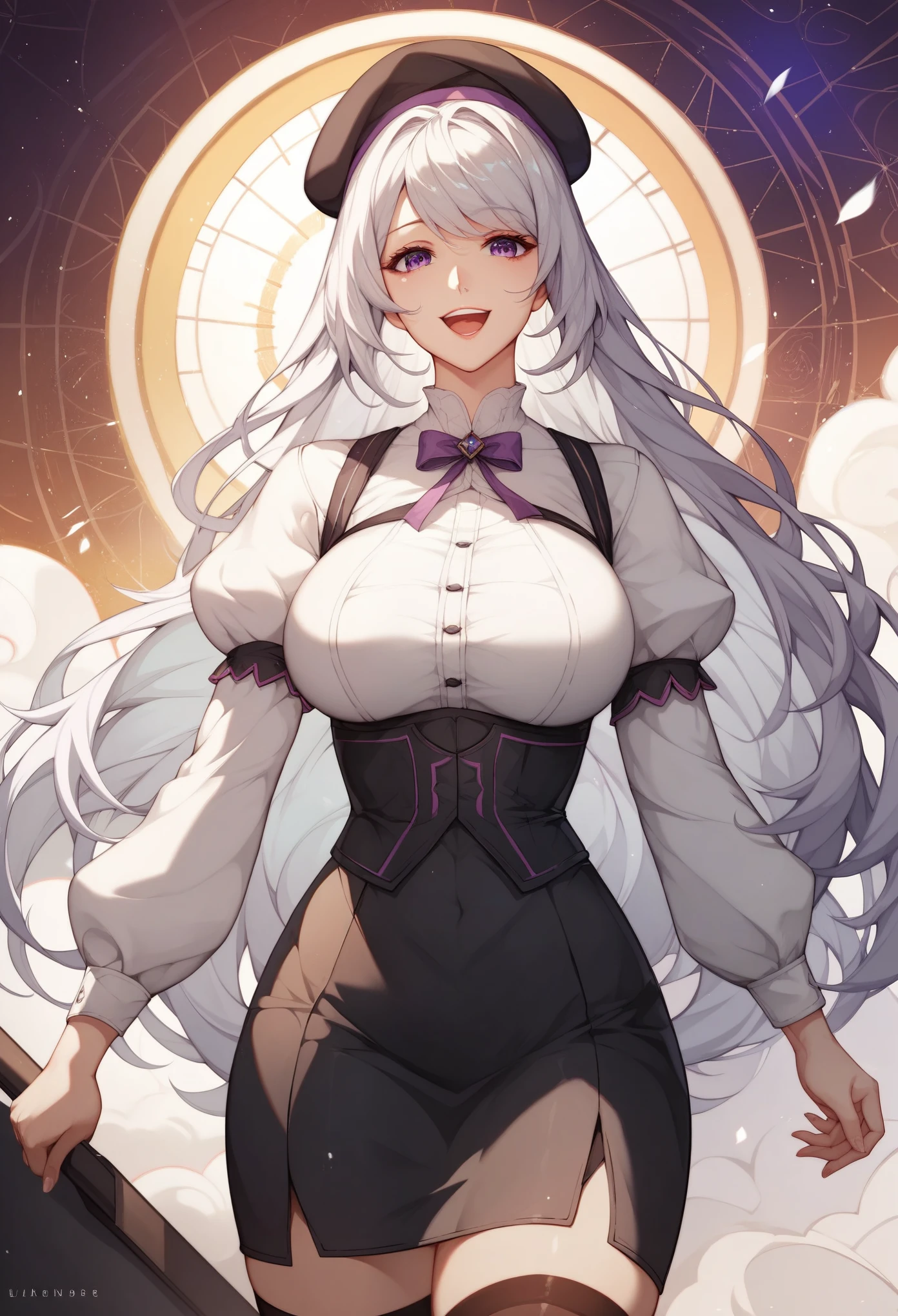 extremely detailed CG unity 8k wallpaper, masterpiece, best quality:1.2, highres, silver white hair, purple eyes, extreme detail,solo,1girl, slited eyes, horizontal eyes, medium breasts, long hair, neutral pose, mature female, milf, black suspender skirt, white shirt, puffy sleeves, white beret,black thigh highs, happy face expression, close up photo.