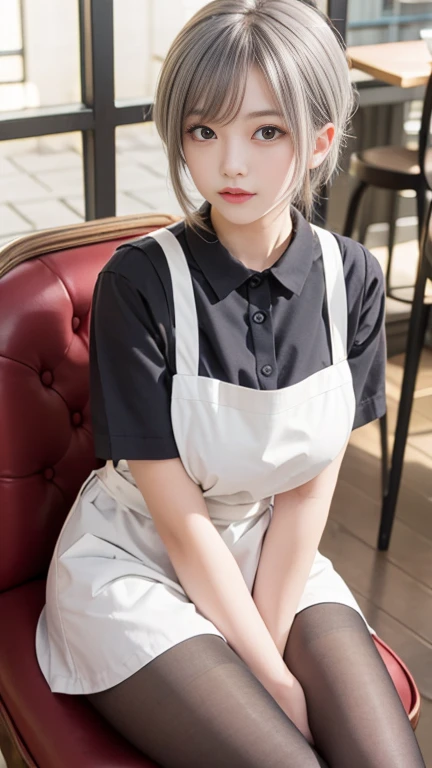 (8k, raw photos, best quality, tabletop:1.2), (realistic, Virtual image:1.37), very detailed, 1 woman,cute, alone,Beautifully detailed sky,Detailed cafe,nighttime,sit,Dating,(nose blush),(Light Smile:1.1), Medium bust,Beautifully detailed eyes,(collar shirt:1.1), bow tie,pleated skirt,(short hair:1.2),floating hair、black shirt