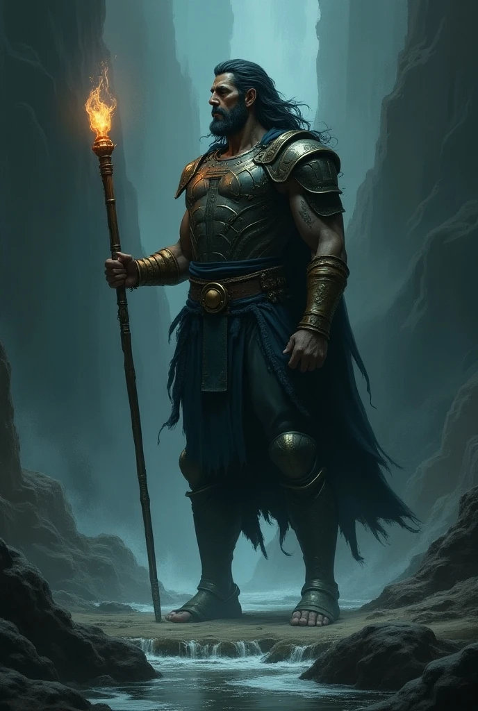 monge, half elf, with wooden staff, with a full dark goatee