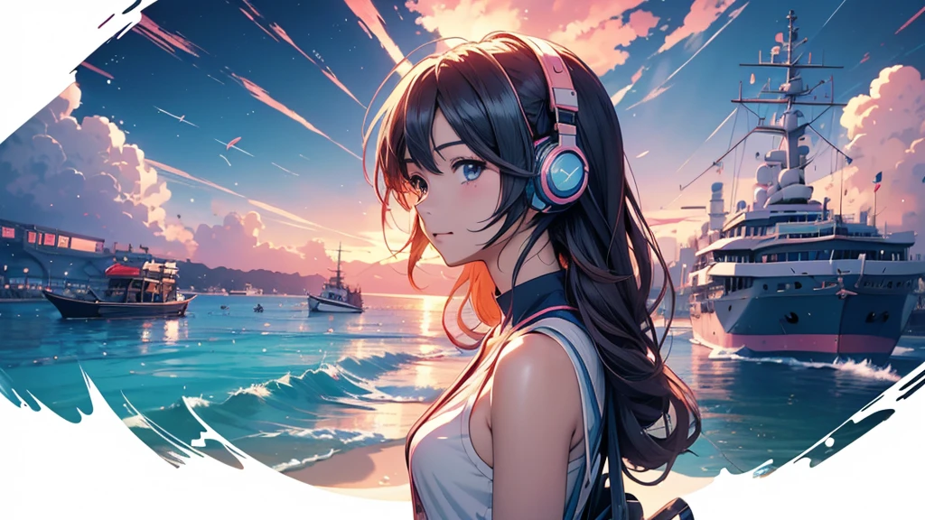 最high quality, Best image quality, masterpiece, With a girl ((Black tank top, Short denim shorts, 18-year-old, teenager, cute, Best Bust, Large Breasts, Beautiful glowing blue eyes, Wide Chest, Pink semi-long hair, Slender body, Large Breastsの谷間, With sniper rifle, Headphones, glowing back jet, Combat pose, photograph, splash, ), high quality, Beautiful art, background ((Space Battlefield)) ), depth (Earth), Tabletop, depth of field, Cinematic