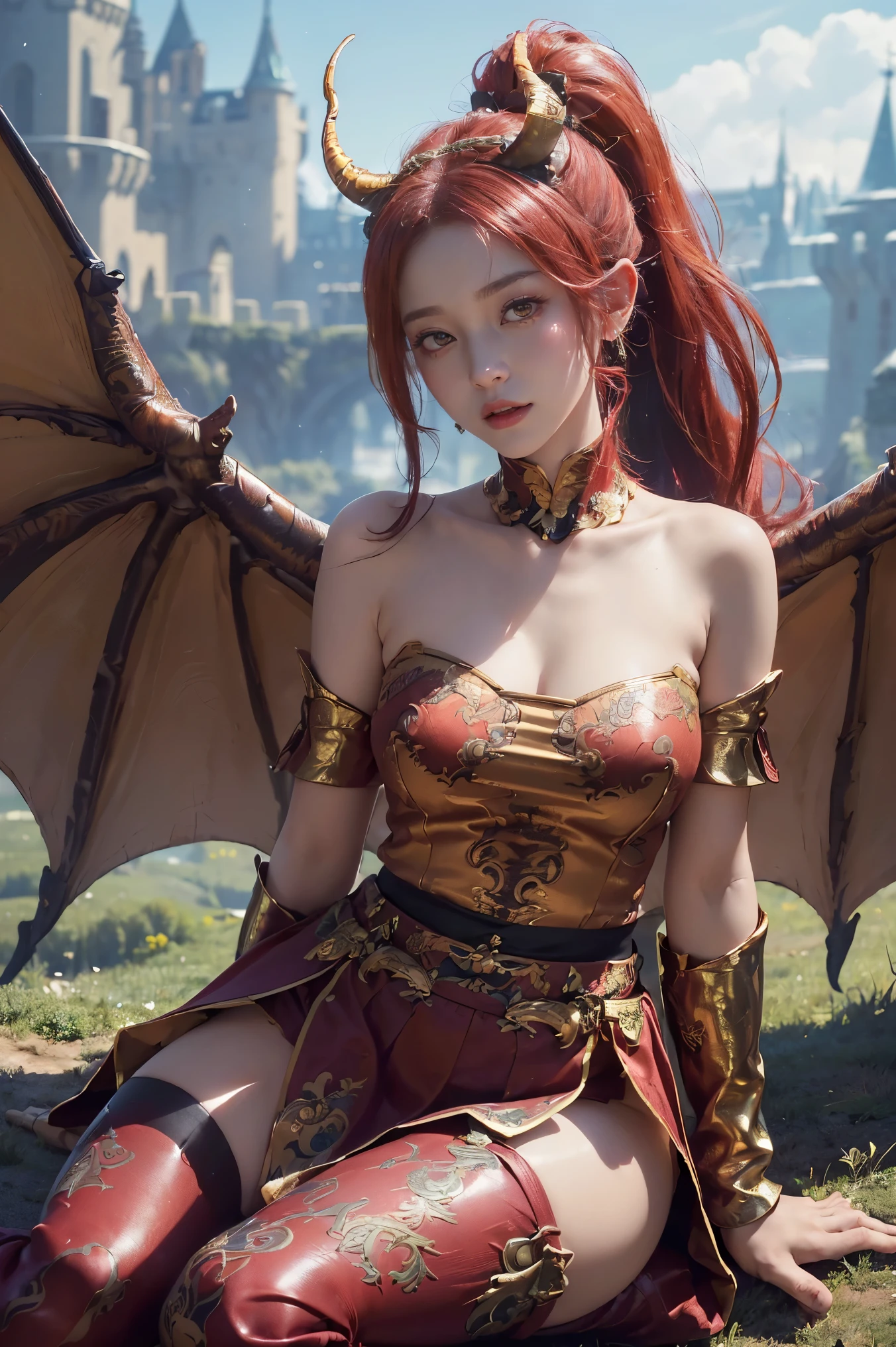 (heavy breasts)、top-quality、​masterpiece、超A high resolution、(((Chinese dragon background))),（White Ragon Armor）、(((Colossal tits))),dragon armor、(((Detailed Micro Bikini))),(Wearing a beautiful crown made of jewels),(Photorealsitic:1.4)、Raw photo、女の子1人、(((Random hair))、(((Take different poses)))、glowy skin、(((Red hair)))、Intricate and ornate hair ornaments、（Gorgeous Jewelry Necklaces）、（Mystical expression）、（Full Body Angle）、（Metal bikini）、((beautiful lake background)),(Chinese dragon background)、(Precipitous cliffs)、((super realistic details))、portlate、globalillumination、（sexypose）、Shadow、octan render、8K、ultrasharp、Colossal tits、Raw skin is exposed in cleavage、metals、Details of complex ornaments、Japan details、highly intricate detail、Realistic light、CGSoation Trends、Blue eyes、Glowing eyes、Facing the camera、Toostock、（Full Body Angle）、（veils）、(((Heavy Big))),Eyes glow、((Detailed Micro Bikini))、