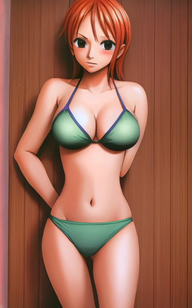 Nami, who has big breasts and beautiful legs, is standing blushing in a green bikini。