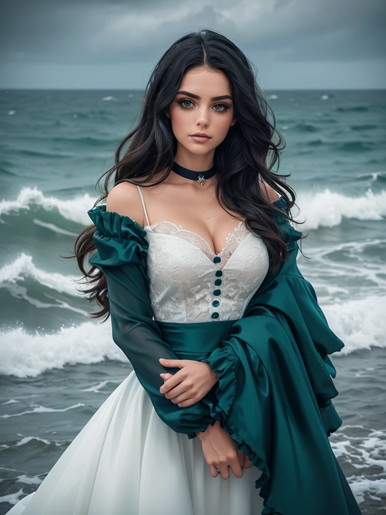 as( Change the color of Dressed in royal green the waves crash against the shore ,  their powerful energy is captured in a dress that embodies the turbulent nature of the sea. The summit, crafted from rich ,  deep blue velvet ,  reflects stormy waters . Beautiful eyes very detailed face very detailed.  The collar is blouse style , adding a touch of sophistication.  The buttons run halfway ,  giving the dress a dynamic look .  The long lace sleeves ,  in contrasting white ,  echoes the sparkling waves . The model,  tall, confident ,  exudes an ethereal beauty . Her makeup is daring,  that matches the intensity of the sea .  The dramatic seascape , } with its crashing waves and dark clouds ,  forms an impressive backdrop .
  Make the crossbar hold with the sneakers 