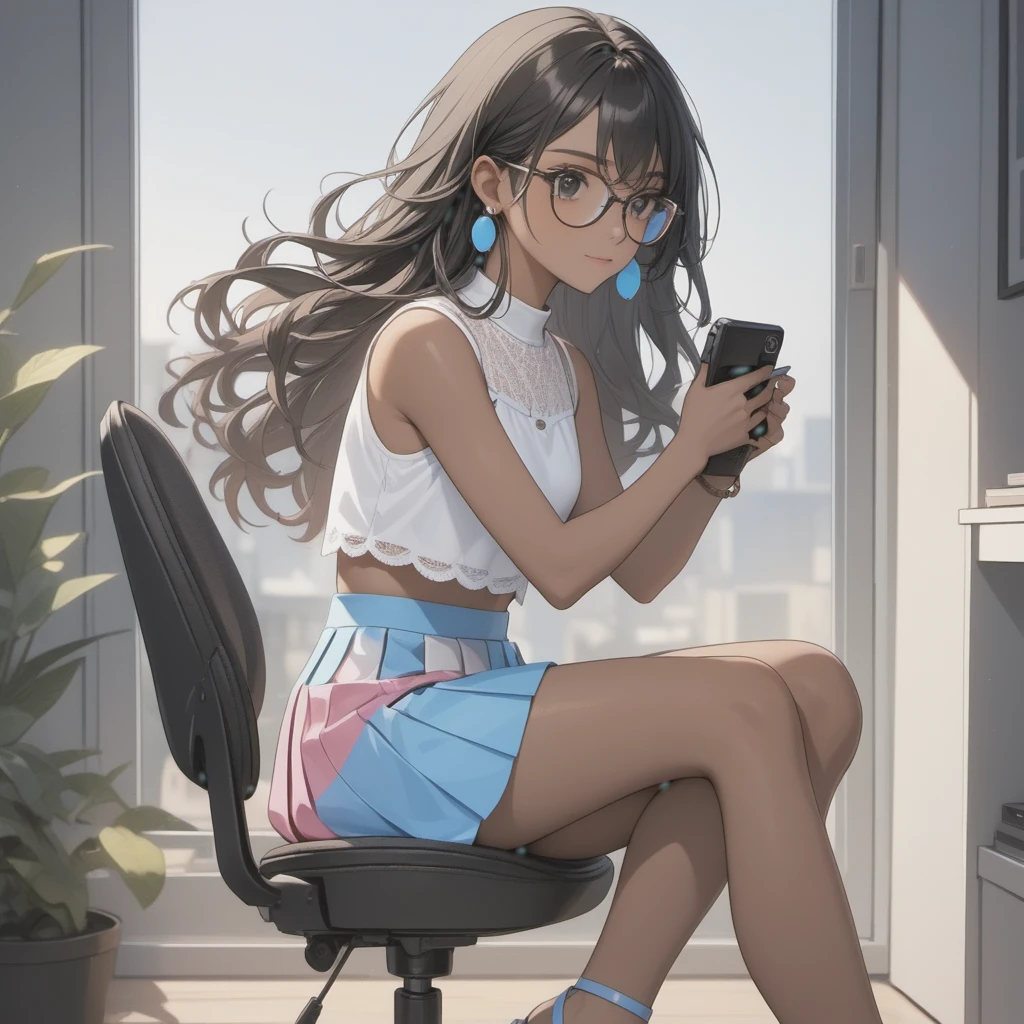 (((Adult trans woman)): (clothes with trans flag colors(white, blue, pink), pleated miniskirt, lace sleeveless cropped, black eyes, ((brown skin)), dark skin, showing the whole body, ((black hair, long wavy hair)),(High heel sandals ). Closed mouth )); full body shot, cute smile ((Sitting on chair)), Playing videogame, holding a joystick in hands, no background. High quality. 4k, 8k, many details. Masterpiece, accurate, anatomically correct, posing, detailed background, better quality, original work Focus on details, Front view, earrings,  wind blowing through window, eye glasses, cute makeup