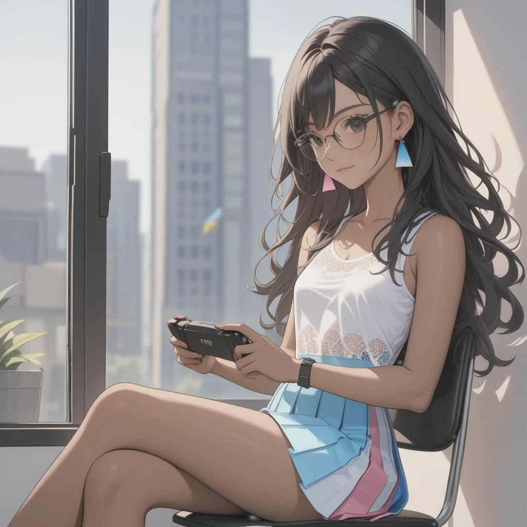 (((Adult trans woman)): (clothes with trans flag colors(white, blue, pink), pleated miniskirt, lace sleeveless cropped, black eyes, ((brown skin)), dark skin, showing the whole body, ((black hair, long wavy hair)),(High heel sandals ). Closed mouth )); full body shot, cute smile ((Sitting on chair)), Playing videogame, holding a joystick in hands, no background. High quality. 4k, 8k, many details. Masterpiece, accurate, anatomically correct, posing, detailed background, better quality, original work Focus on details, Front view, earrings,  wind blowing through window, eye glasses, cute makeup