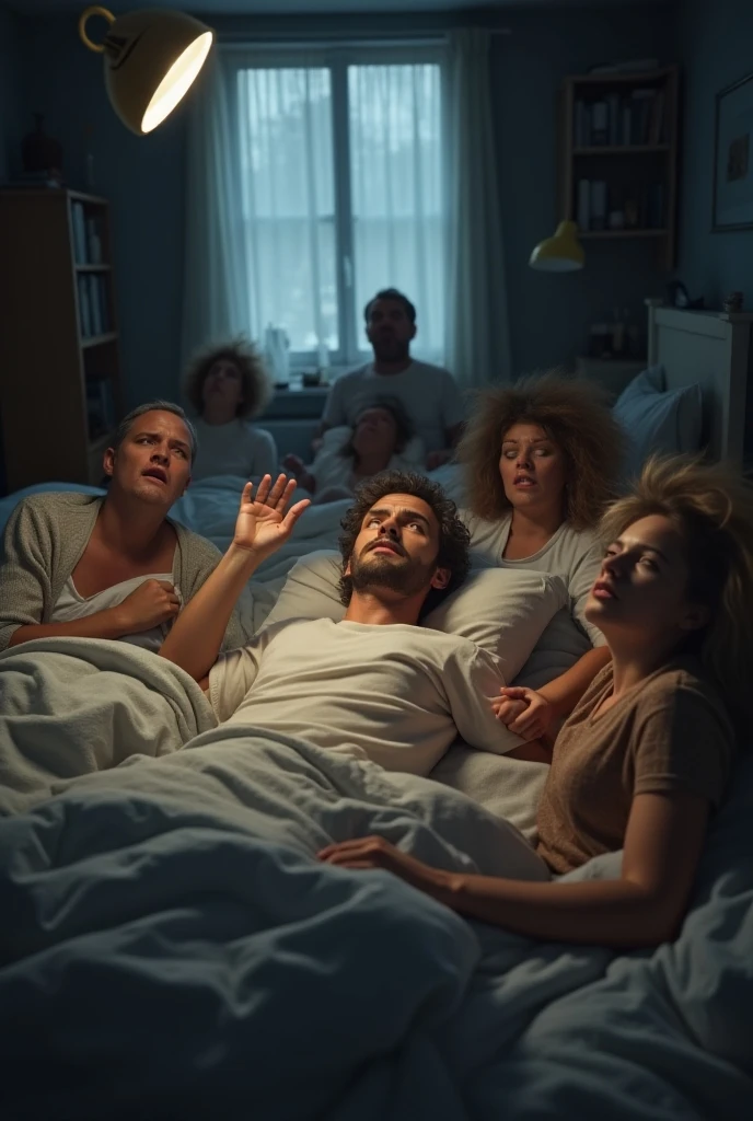 Man waking up from a nightmare scared, his children and wife calm him down