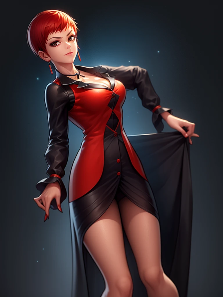 Woman in her 30s, alone, alone, athletic, very short red hair, ultra detailed, looking furiously at viewer with very upset eyes, upset and crazed gesture, has demonic costume, digital art, moonlight, young woman, perfect hands and beautiful. with perfect fingers, perfect legs, beautiful body, beautiful nose, beautiful character design, perfect face, looks at the viewer (focusing on the entire character), closed mouth, Light_Smile, official art, wallpaper 8k CG extremely detailed unit, lighting perfect, bright and colorful front lighting, glowing skin (masterpiece: 1.0), (best quality: 1.0), ultra high resolution, 4K, ultra detailed photography, 8K, HDR, high resolution, nonsense: 1.2, Kodak portra 400, grain film, blurred background, bokeh: 1.2, lens flare, (vibrant_color: 1.2), professional photography, (beautiful_face: 1.5), (narrow waist)
