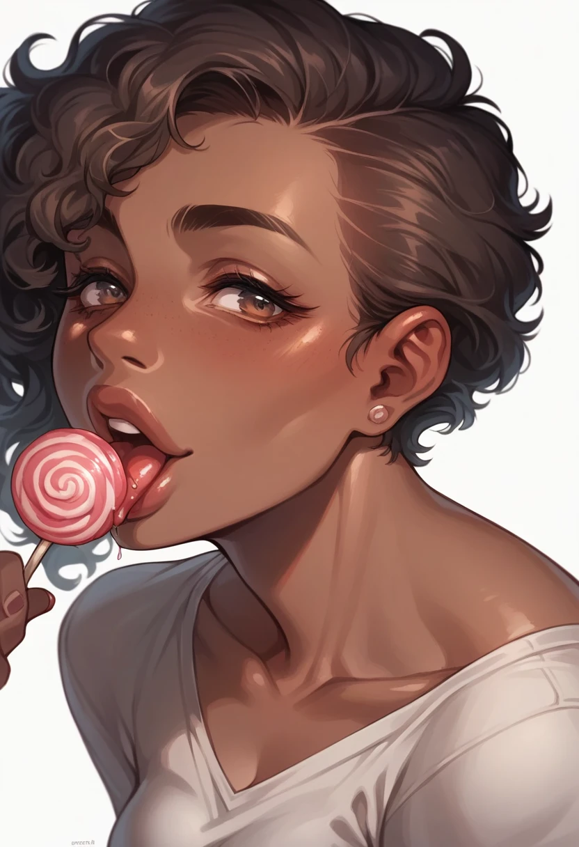 Almond-eyed Dark Mocha-skin tonned African-American woman with SHORT dark curly hair, juicy lips, a large chest. Close-Up of her face licking a lollipop 