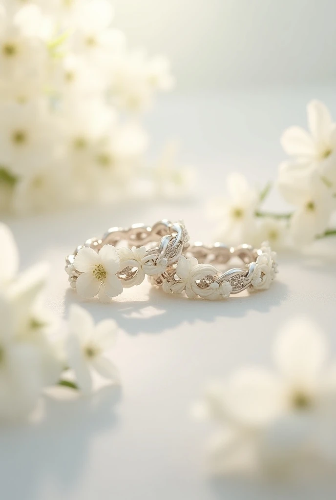 Two rings in white gold ,intertwined, and adorned with small white flowers along their circumferences