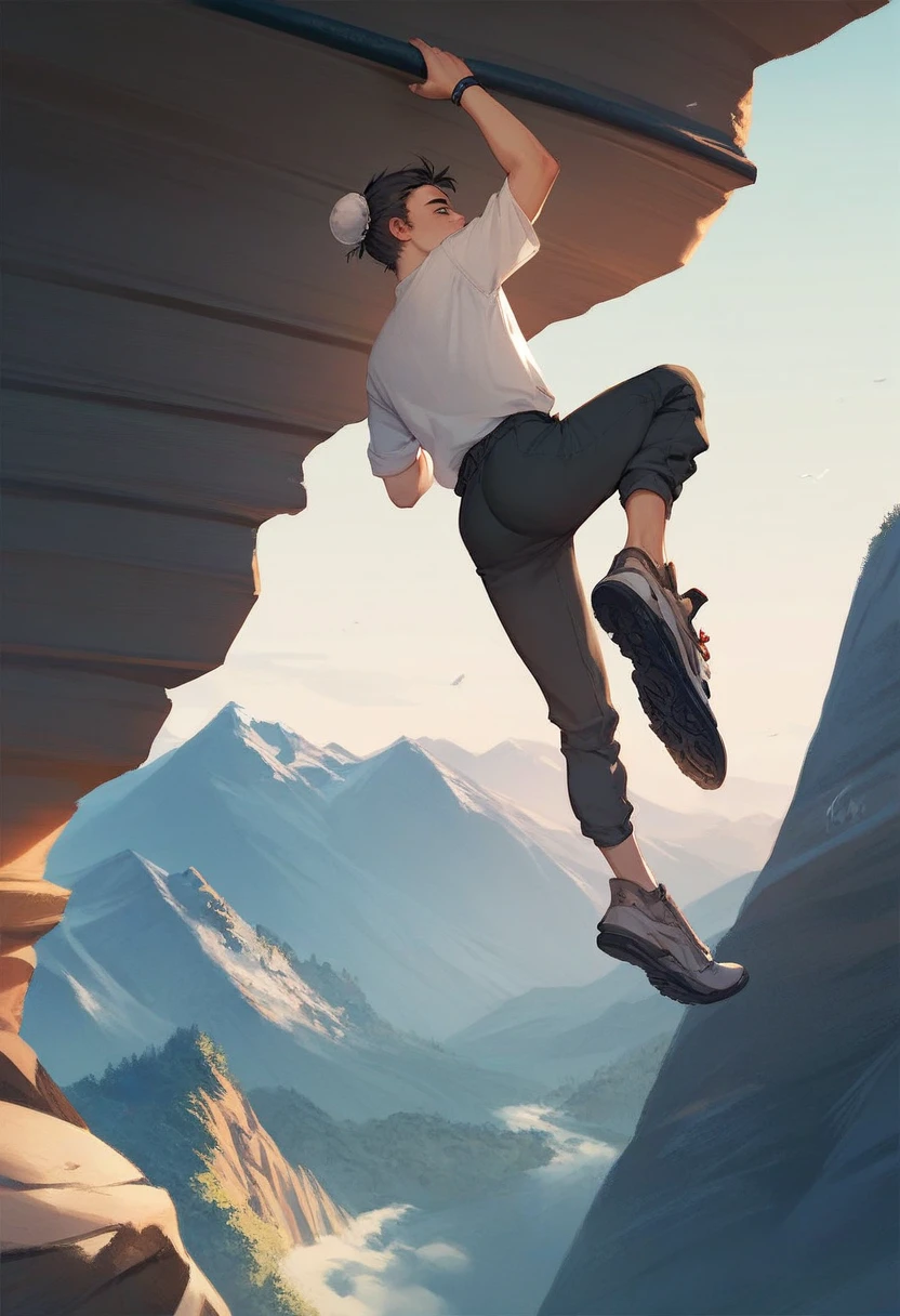 A man with bun hair ,  climbing a mountain with rappelling .  He is wearing a white blouse and is not wearing pants, your ass is visible.  rear view . full body.